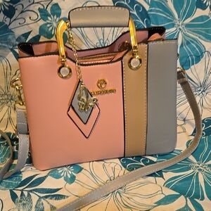 Stylish Pink and Gray Handbag with Gold Accents